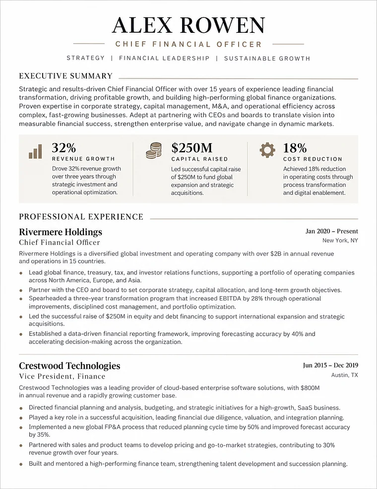 Sample executive resume, annotated with five numbered hotspots
