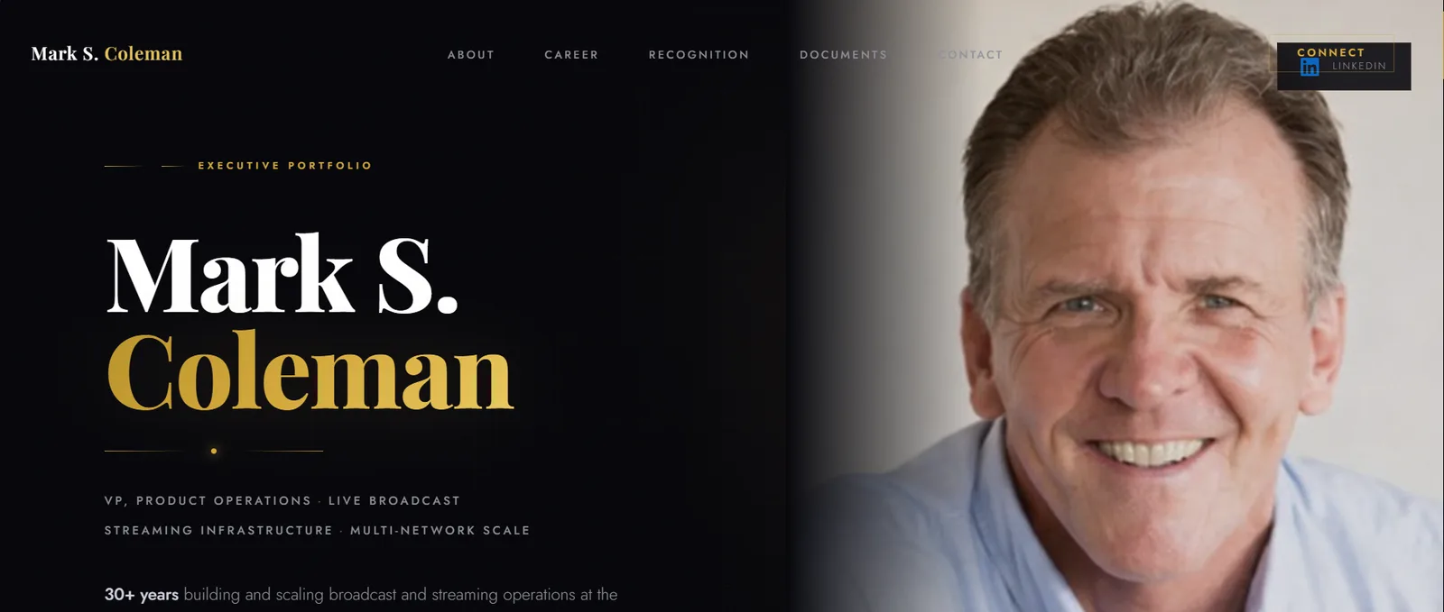 Screenshot of Mark Coleman's executive portfolio website: his name in large type beside a portrait, on a black and gold design.