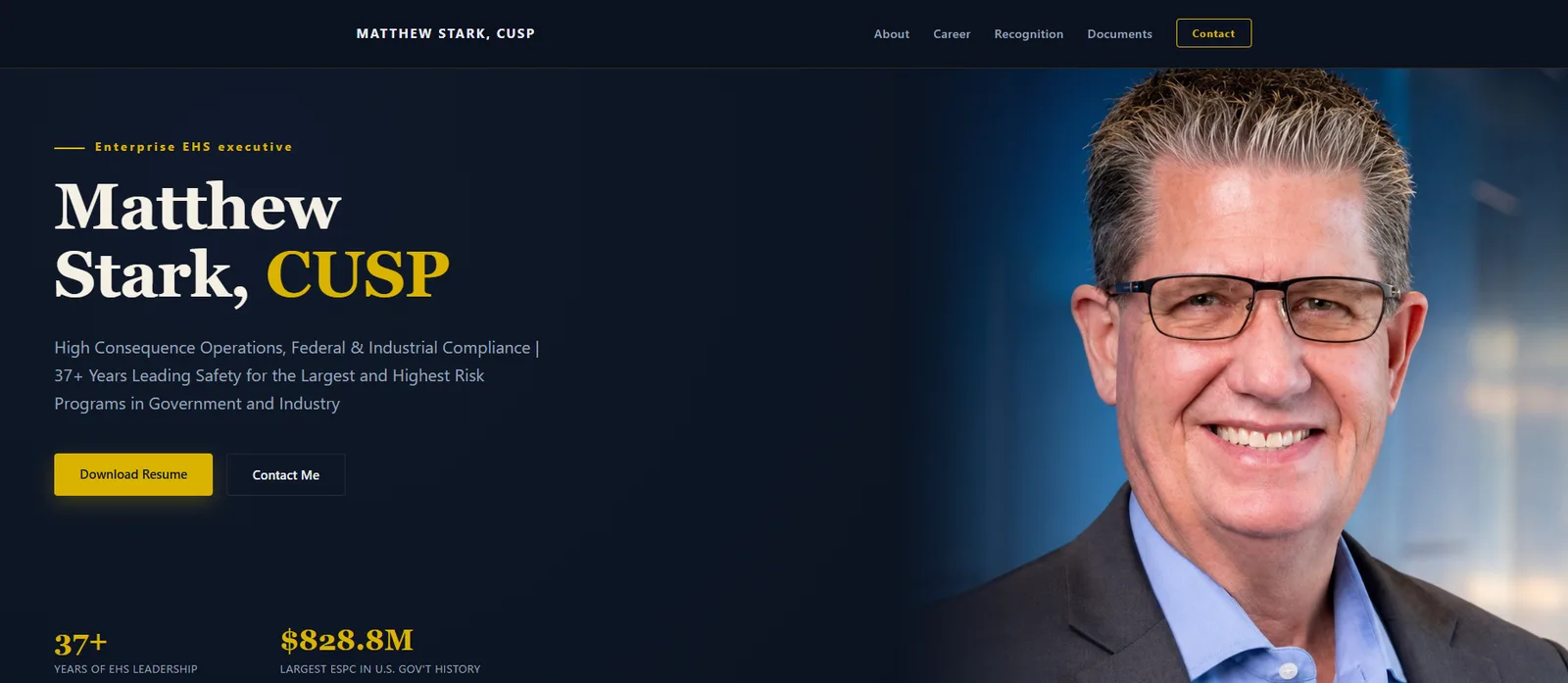 Screenshot of Matthew Stark's executive portfolio website: his name and headline beside a portrait, on a deep navy and gold design.